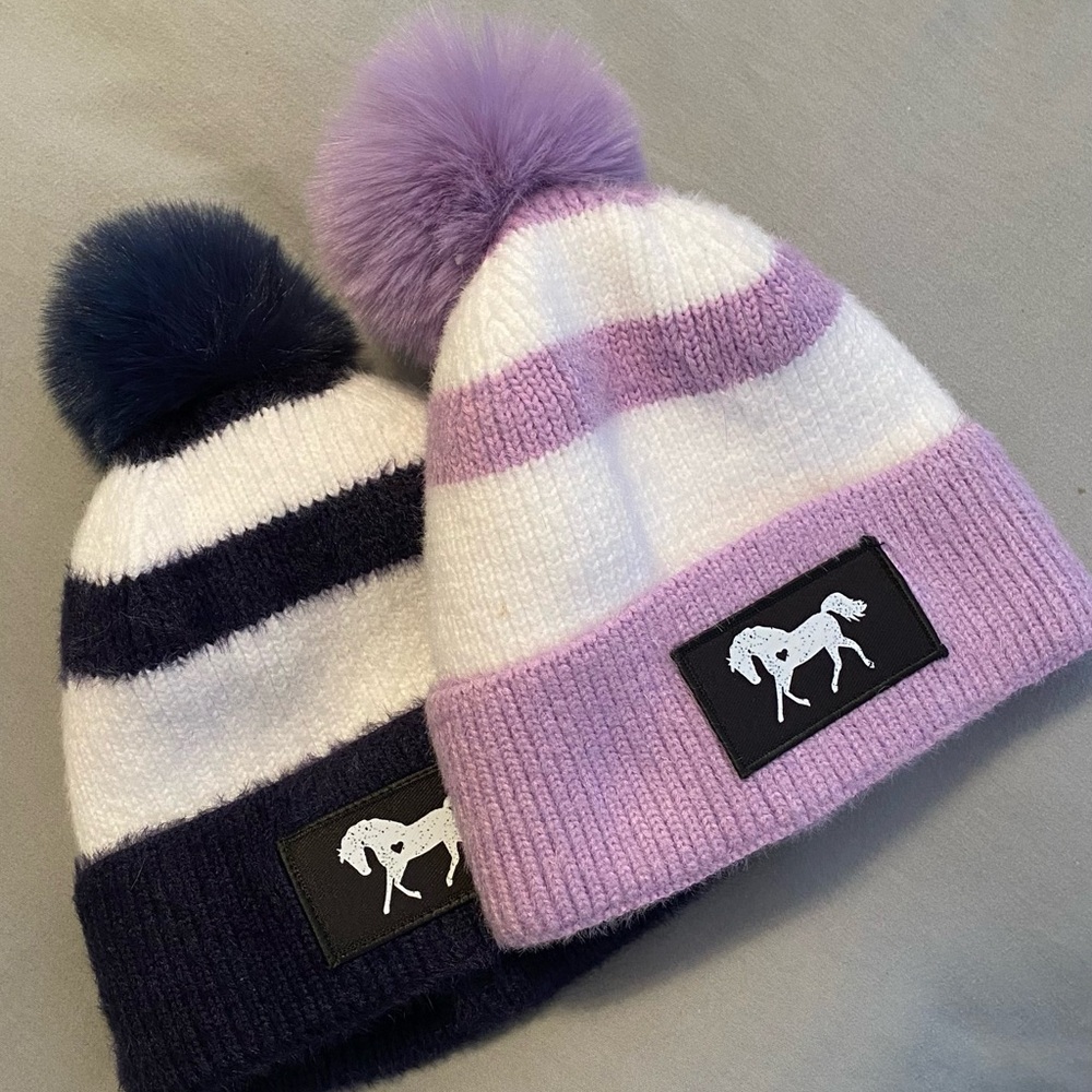 Striped Pom-Pom Beanie  - Navy Blue or Lavender